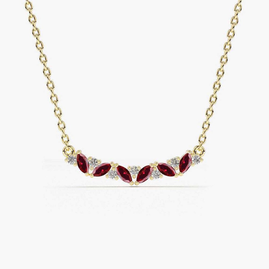 Necklaces Ferkos Fine Jewelry | 14K Slanted Ruby And Round Diamond Necklace