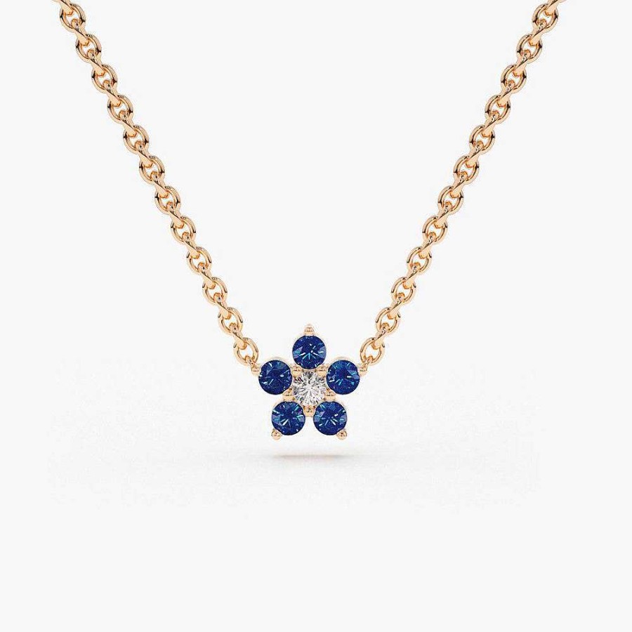 Necklaces Ferkos Fine Jewelry | 14K Sapphire And Diamond Flower Charm Necklace