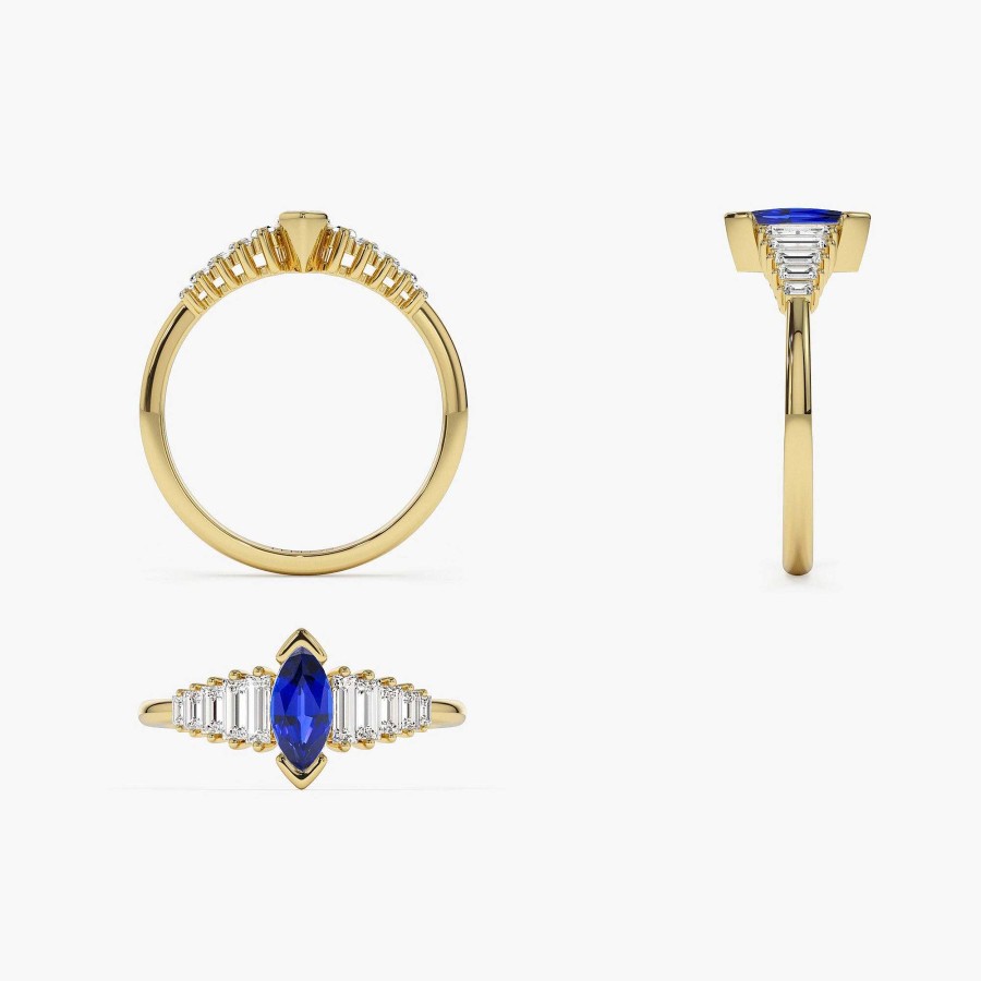 Rings Ferkos Fine Jewelry | Marquise Shape Sapphire Ring With Baguette Accents