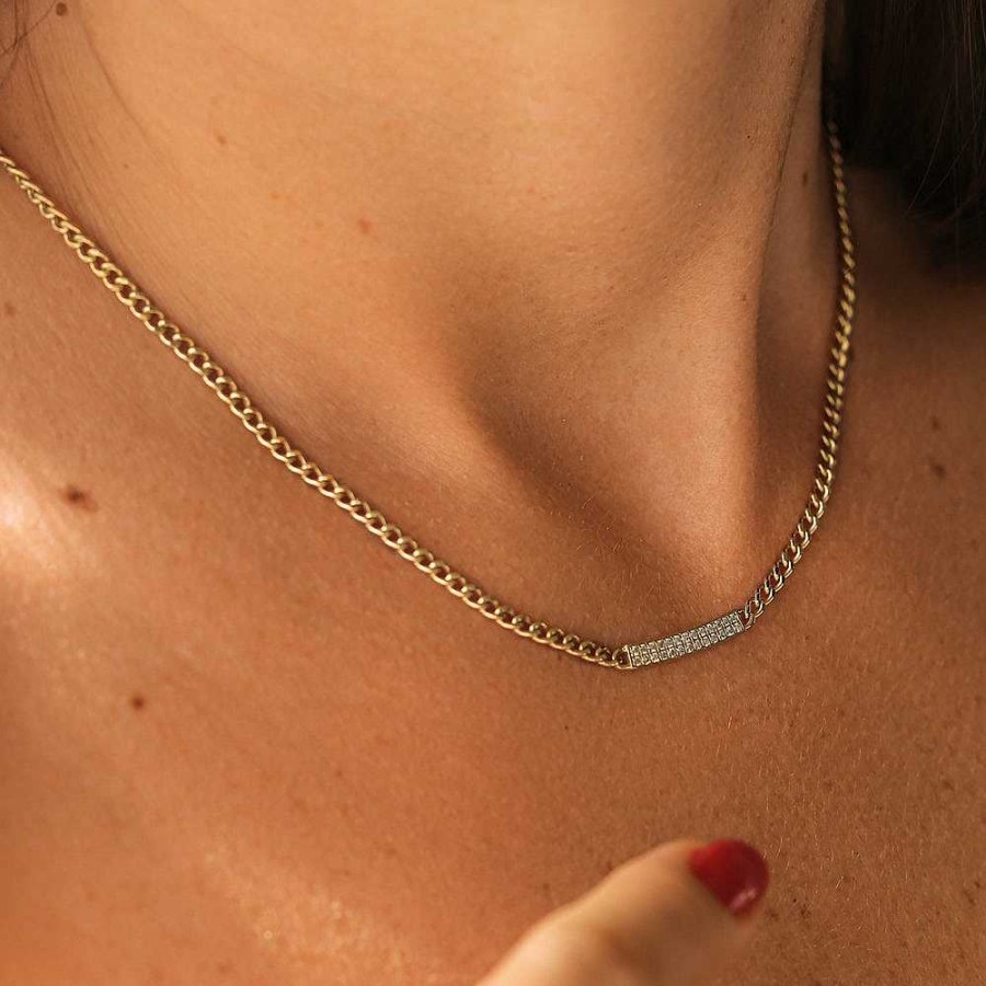 Necklaces Ferkos Fine Jewelry | 14K Gold 3Mm Curb Link Diamond Pave Necklace