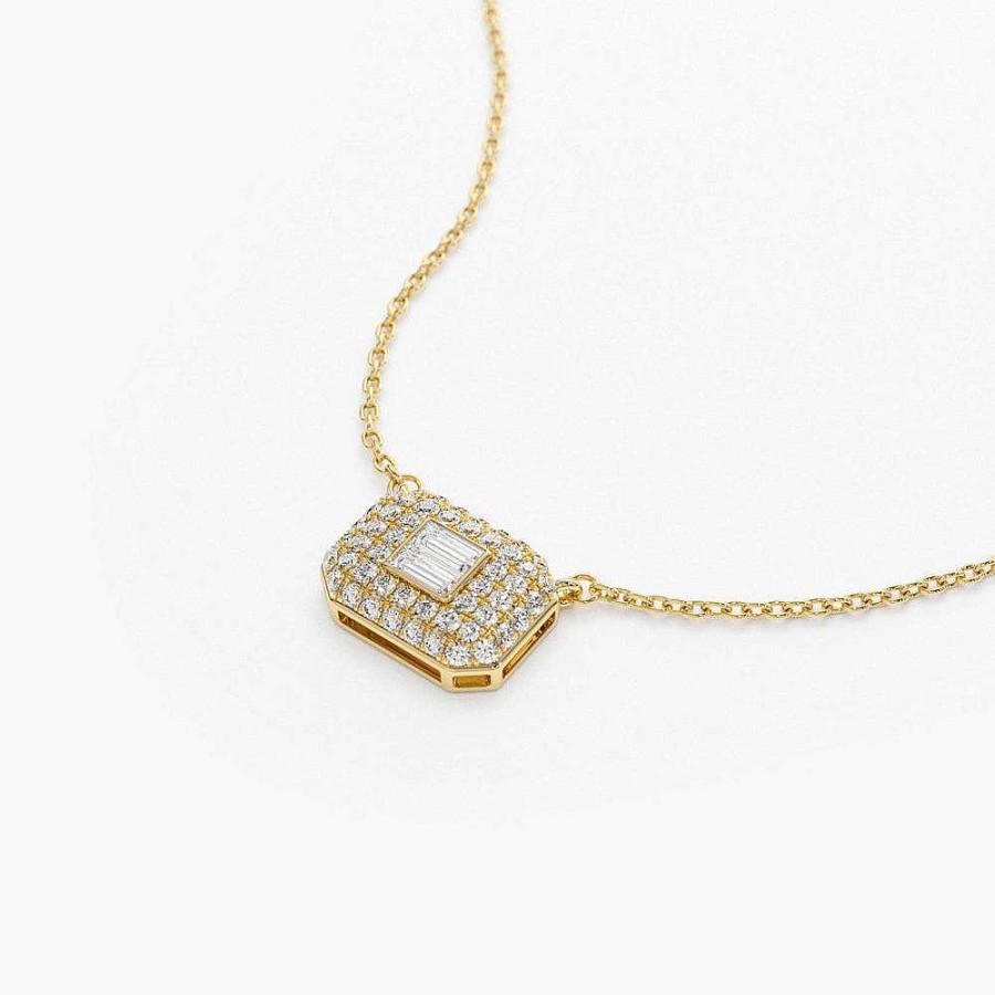 Necklaces Ferkos Fine Jewelry | 14K Baguette Diamond With Pave Diamond Necklace