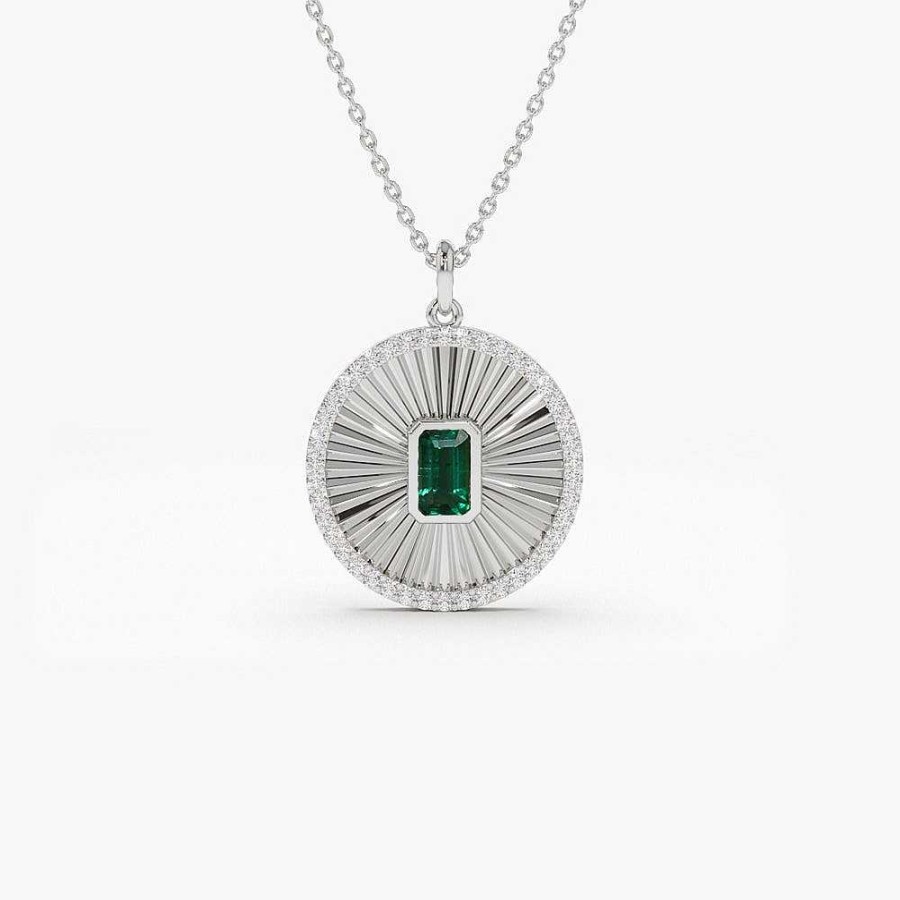 Necklaces Ferkos Fine Jewelry | 14K Emerald And Diamond Medallion Necklace