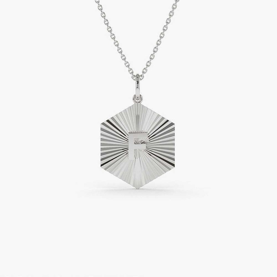 Necklaces Ferkos Fine Jewelry | 14K Sparkle Hexagon Disc Initial Necklace