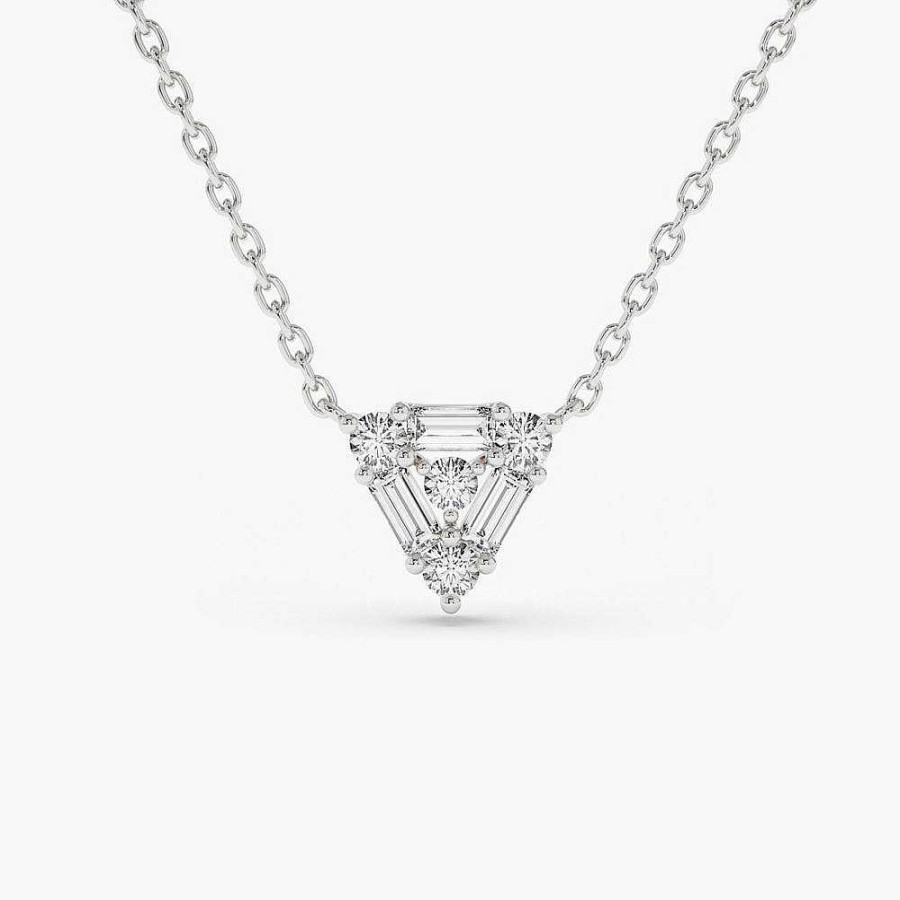 Necklaces Ferkos Fine Jewelry | 14K Triangle Shaped Round And Baguette Diamond Necklace