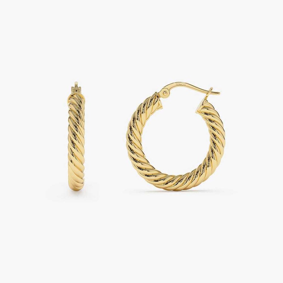 Earrings Ferkos Fine Jewelry | Twist Rope Hoop Earrings 25Mm 14K Gold