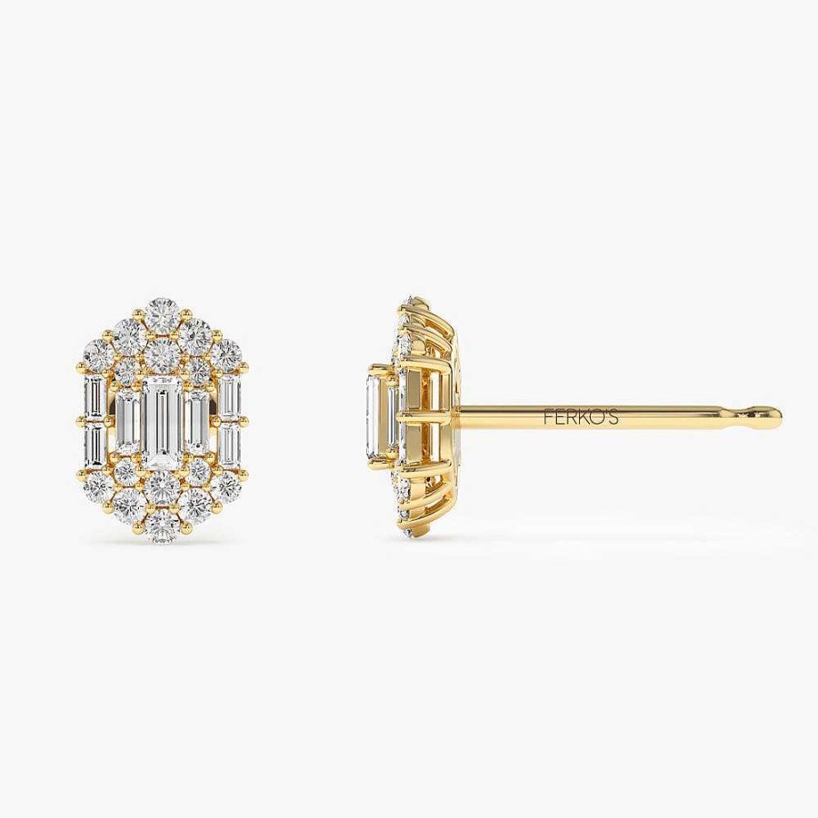 Earrings Ferkos Fine Jewelry | 14K Baguette & Round Diamond Hexagon Studs