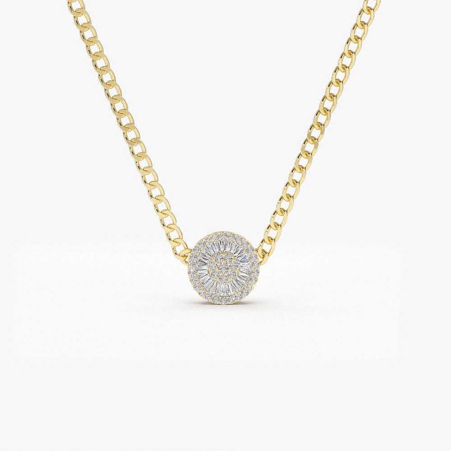 Necklaces Ferkos Fine Jewelry | 14K Gold Curb Link Baguette Diamond Disc Cluster Necklace