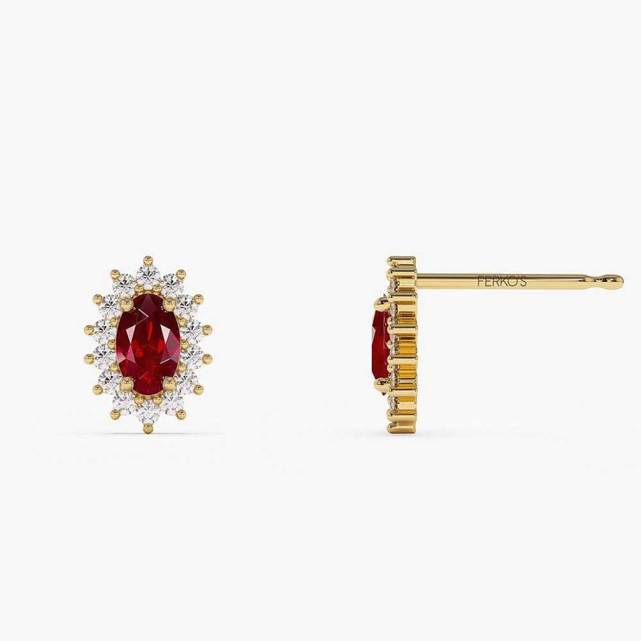 Earrings Ferkos Fine Jewelry | 14K Oval Cut Ruby Earrings With Diamonds