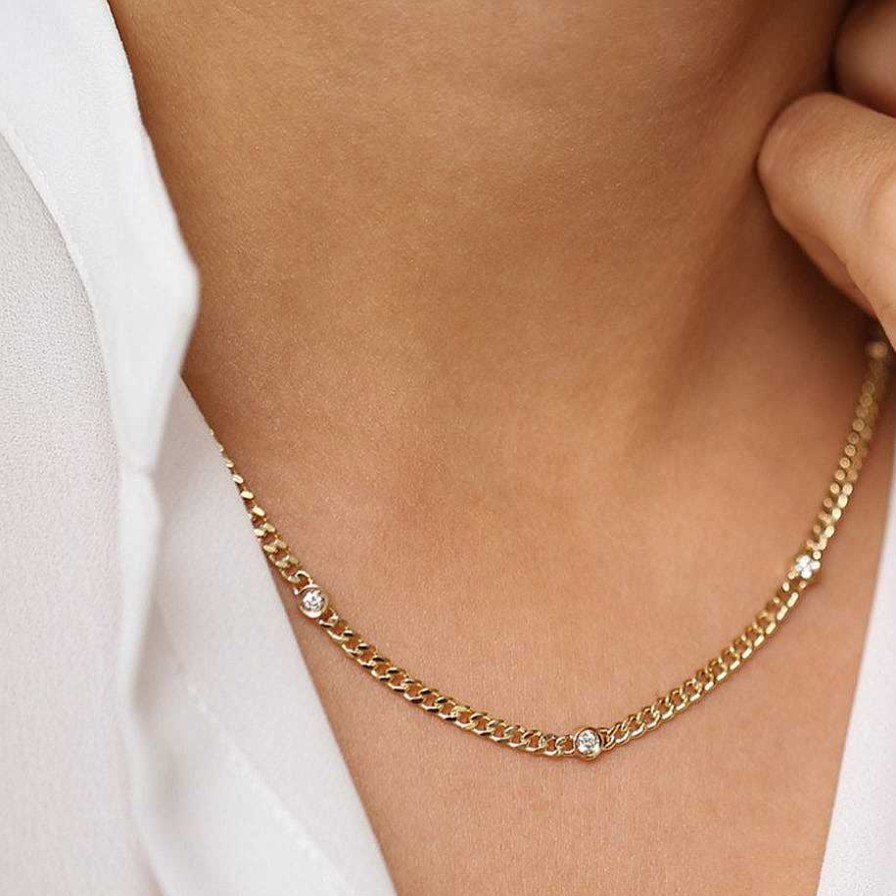 Necklaces Ferkos Fine Jewelry | 14K Gold Cuban Link Necklace W/ Bezel Setting Diamond