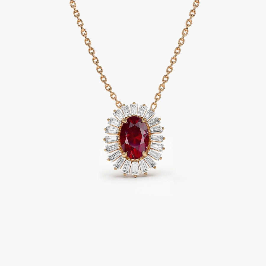 Necklaces Ferkos Fine Jewelry | 14K Oval Shape Ruby With Baguette Halo Setting Necklace