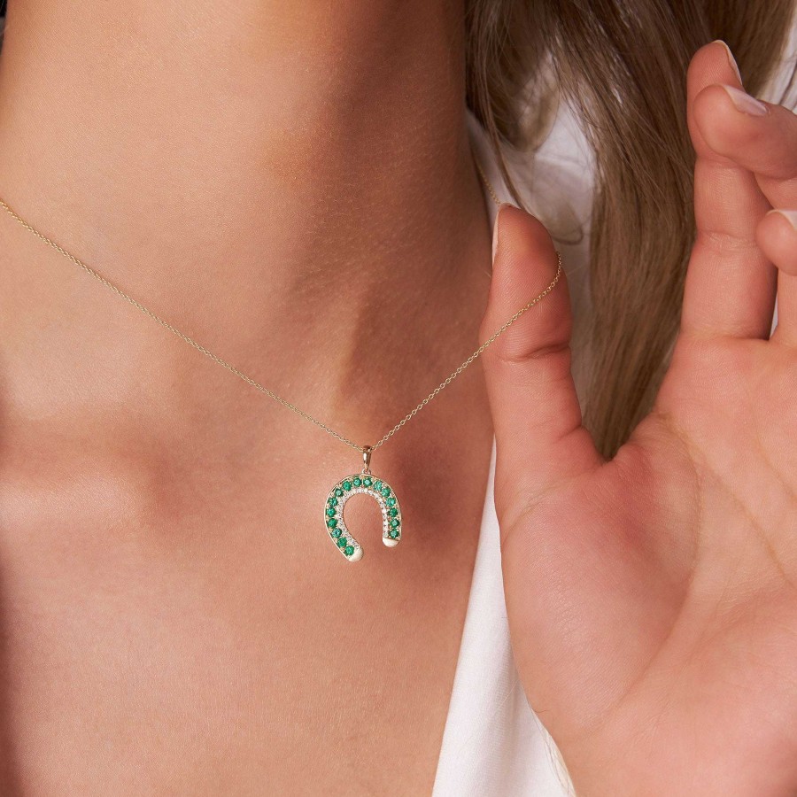 Necklaces Ferkos Fine Jewelry | 14K Emerald And Diamond Horseshoe Pendant