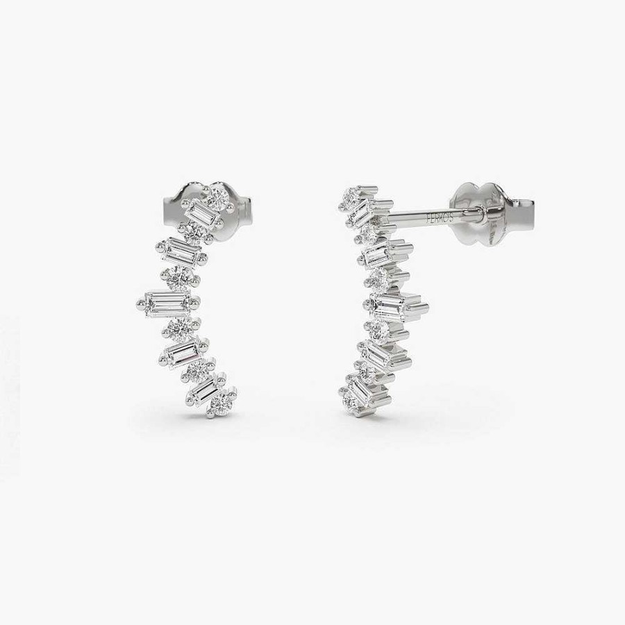 Earrings Ferkos Fine Jewelry | 14K Baguette And Round Diamond Ear Crawler Earrings