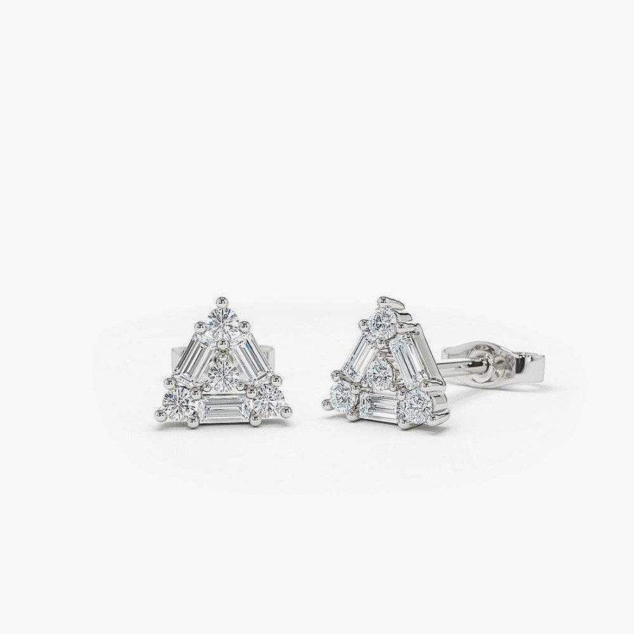 Earrings Ferkos Fine Jewelry | 14K Triangle Shaped Round & Baguette Diamond Studs