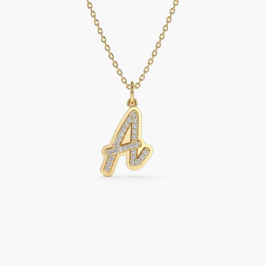 Necklaces Ferkos Fine Jewelry | Script Font Diamond Initial Layered 3D Necklace