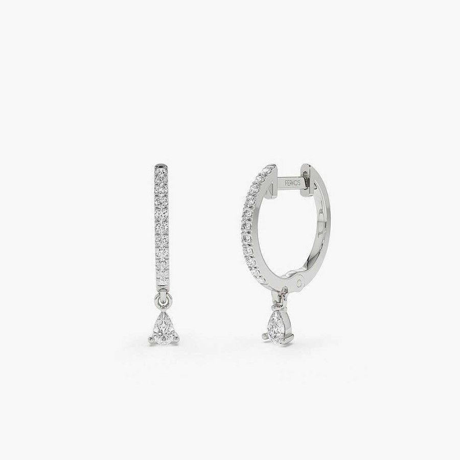 Earrings Ferkos Fine Jewelry | 14K Diamond Huggies With A Dangling Pear Shape Diamond