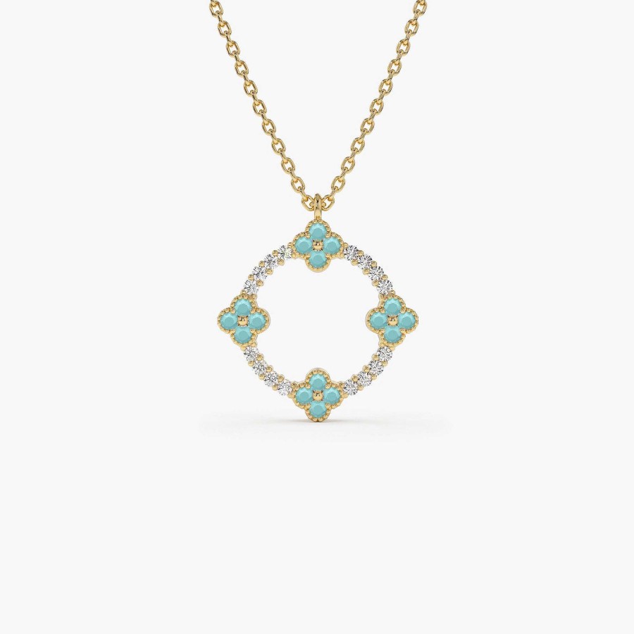 Necklaces Ferkos Fine Jewelry | 14K Turquoise And Diamond Clover Pendant Necklace