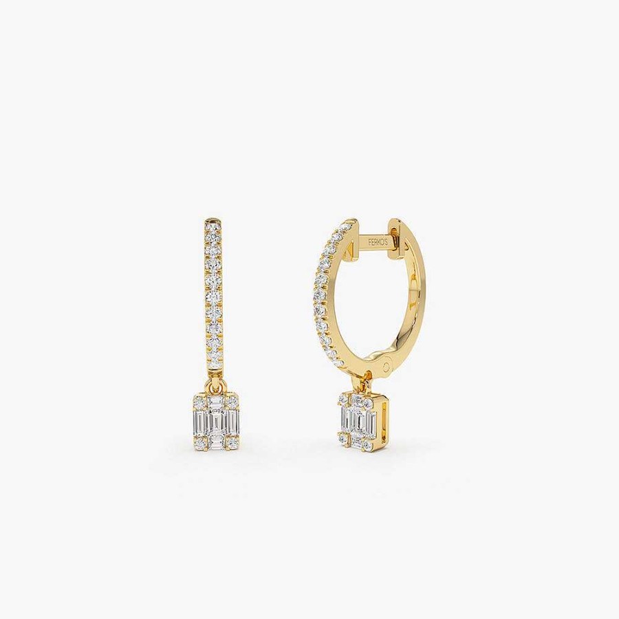 Earrings Ferkos Fine Jewelry | 14K Diamond Huggie Earrings With Dangling Illusion Set Baguette Diamonds