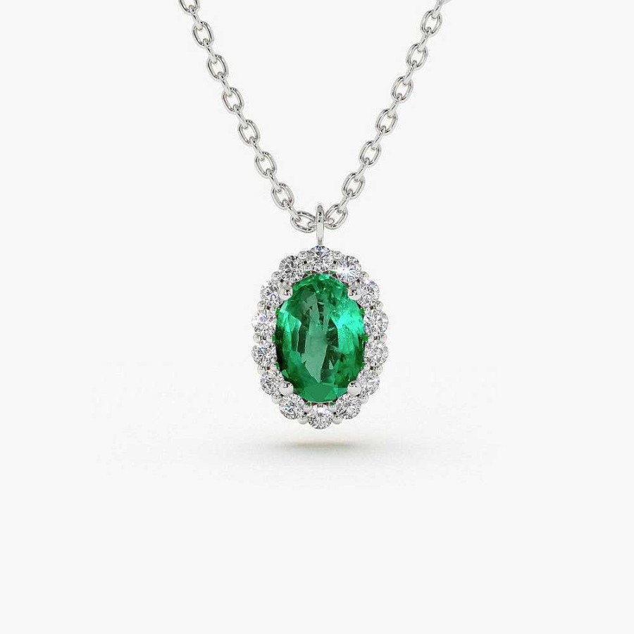 Necklaces Ferkos Fine Jewelry | Oval Cut Emerald Halo Diamond Necklace