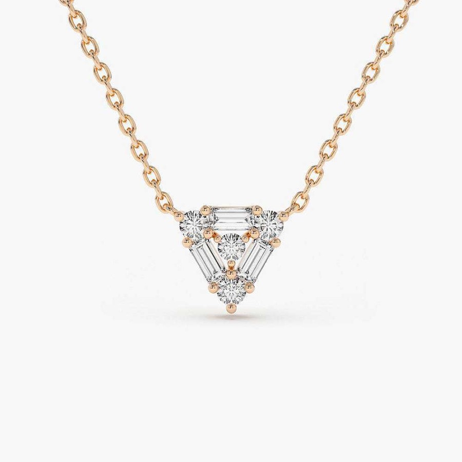 Necklaces Ferkos Fine Jewelry | 14K Triangle Shaped Round And Baguette Diamond Necklace