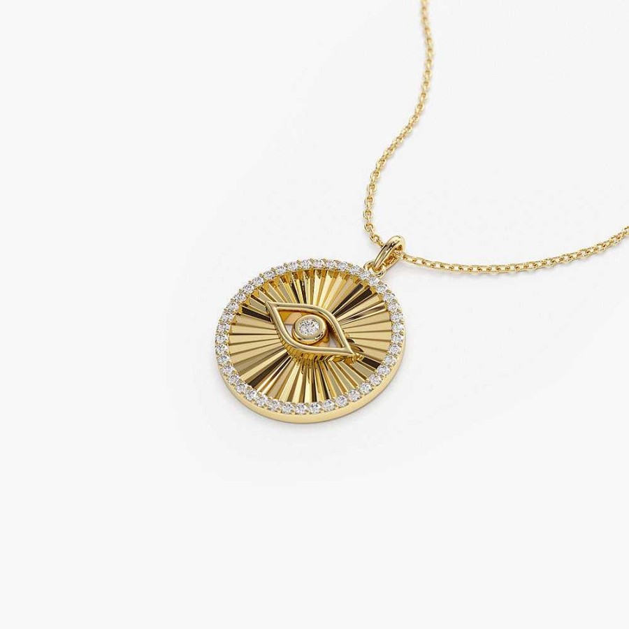 Necklaces Ferkos Fine Jewelry | 14K Evil Eye Diamond Medallion Necklace