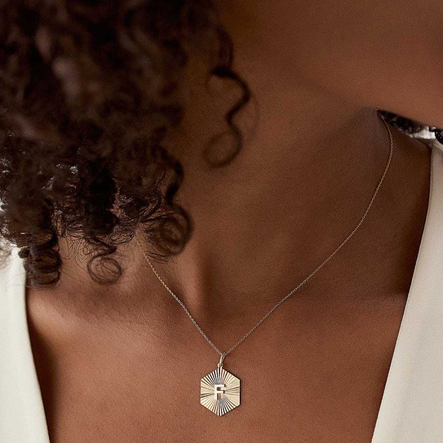 Necklaces Ferkos Fine Jewelry | 14K Sparkle Hexagon Disc Initial Necklace