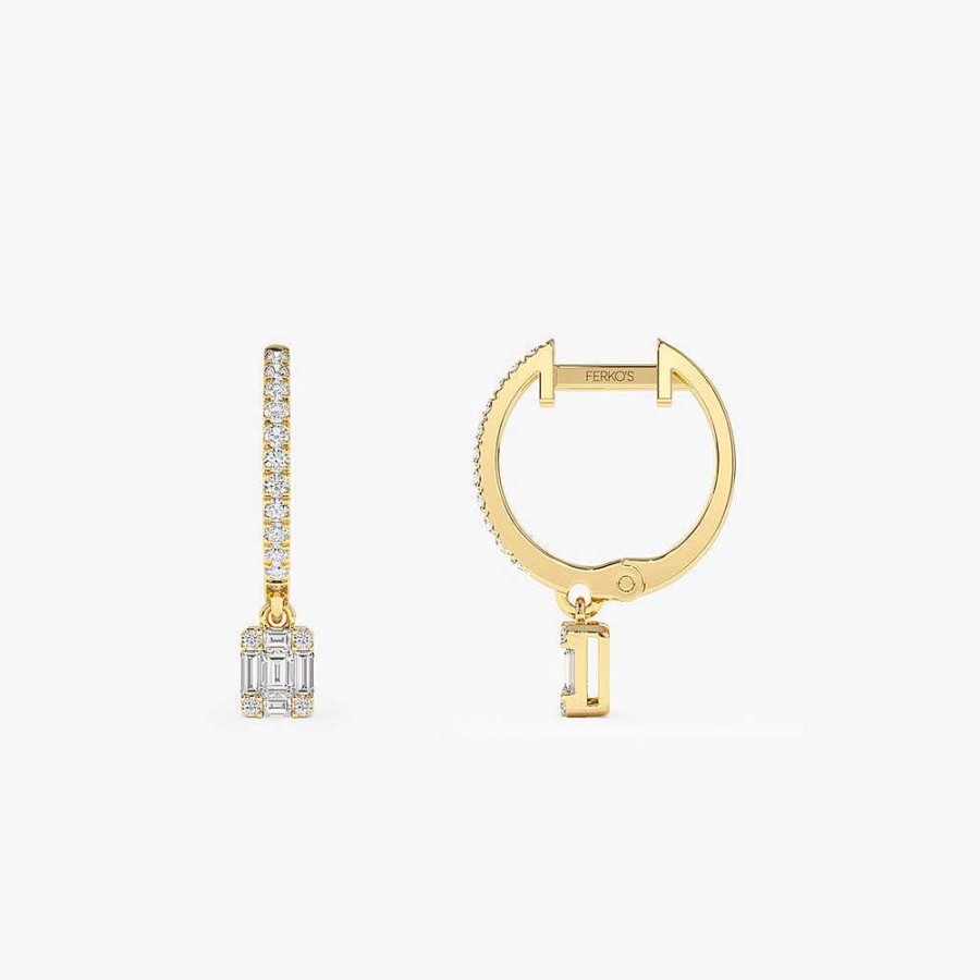 Earrings Ferkos Fine Jewelry | 14K Diamond Huggie Earrings With Dangling Illusion Set Baguette Diamonds