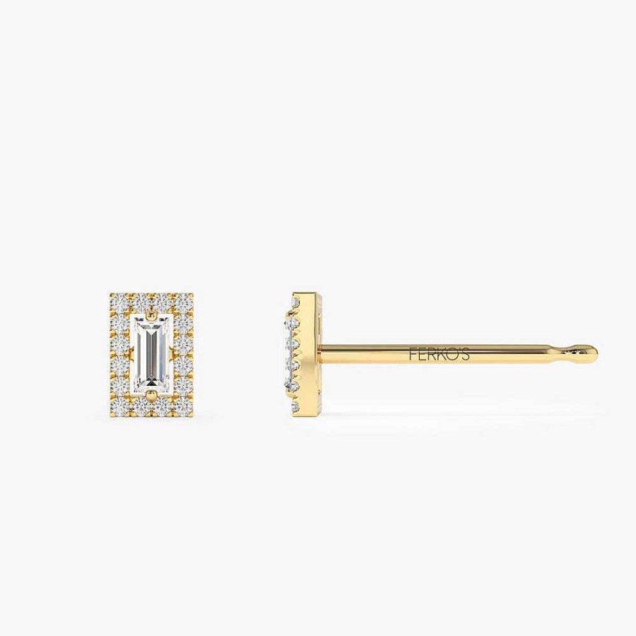 Earrings Ferkos Fine Jewelry | 14K Baguette Diamond Halo Setting Diamond Studs