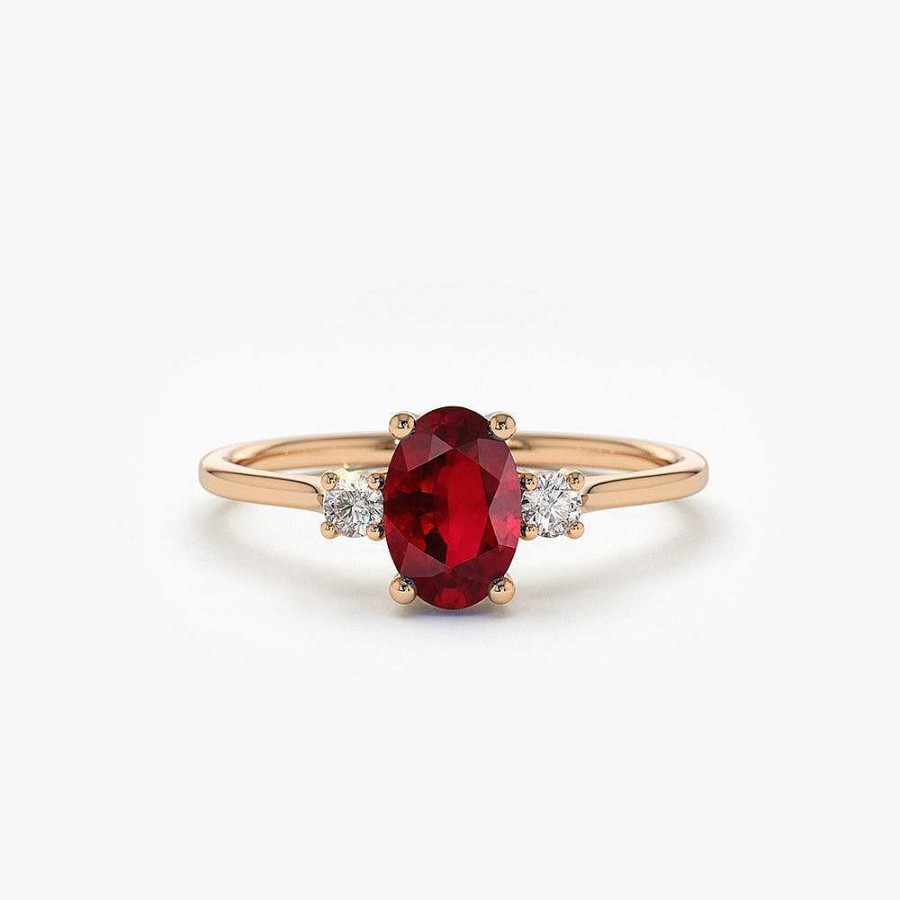 Rings Ferkos Fine Jewelry | 14K Oval Shape Ruby And Diamond 3 Stone Ring