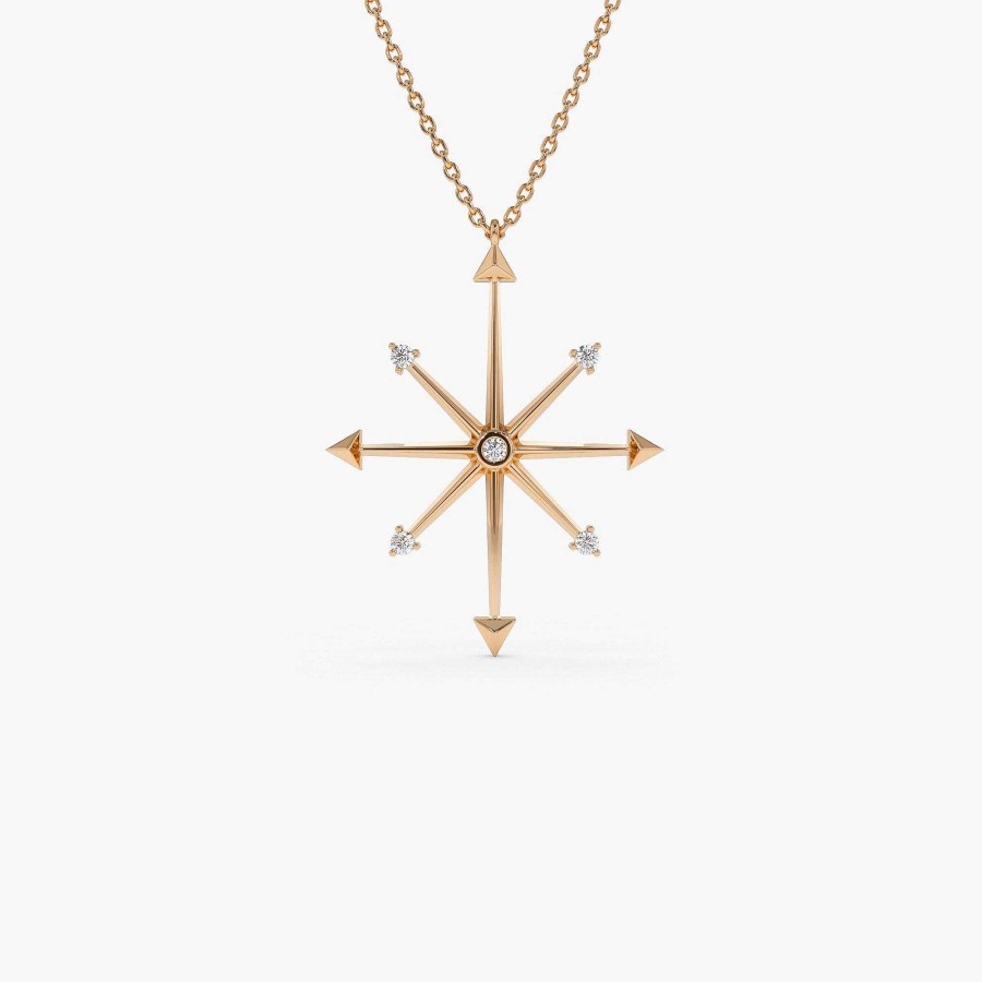 Necklaces Ferkos Fine Jewelry | 14K Layering Diamond Compass Charm Necklace