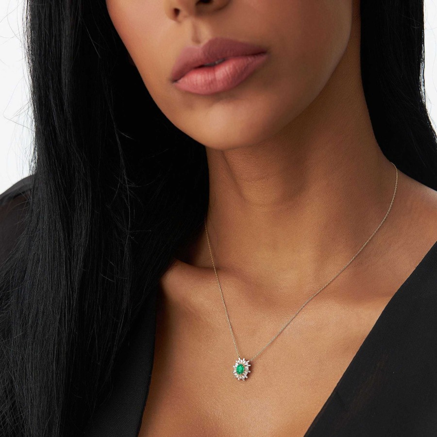 Necklaces Ferkos Fine Jewelry | 14K Oval Shape Emerald Necklace With Ballerina Baguettes