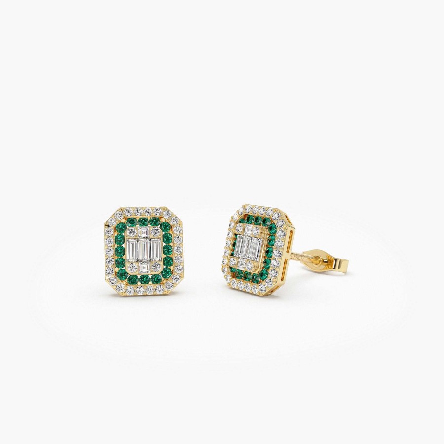 Earrings Ferkos Fine Jewelry | 14K Baguette And Round Emerald Studs Halo Setting