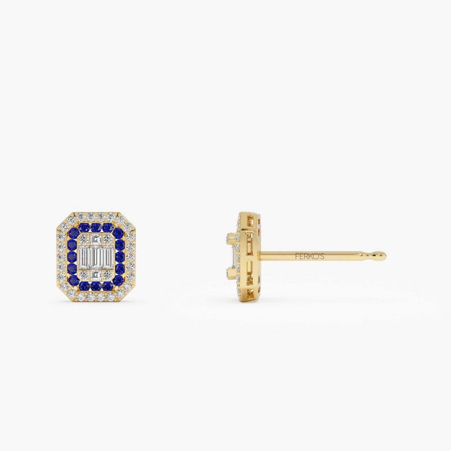 Earrings Ferkos Fine Jewelry | 14K Baguette And Round Sapphire Studs Halo Setting