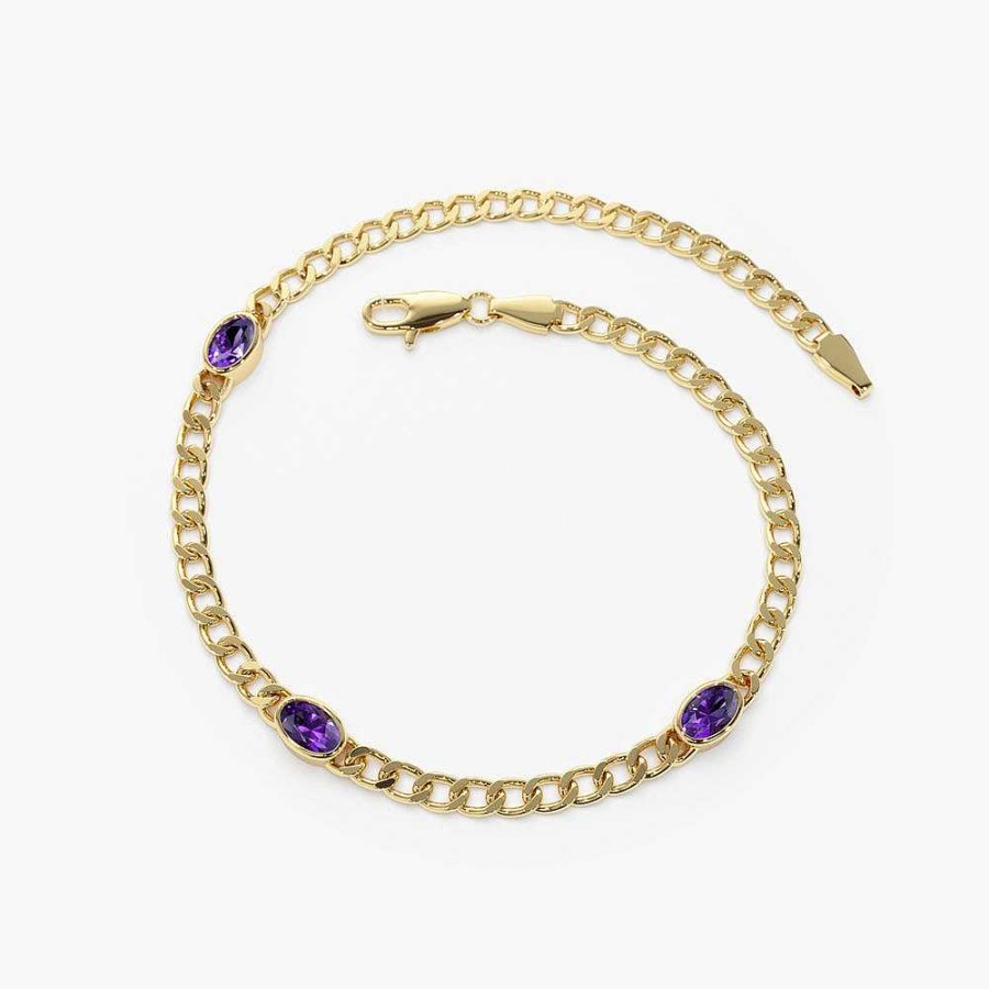 Bracelets Ferkos Fine Jewelry | 14K Cuban Link Bracelet W/ Bezel Setting Amethyst