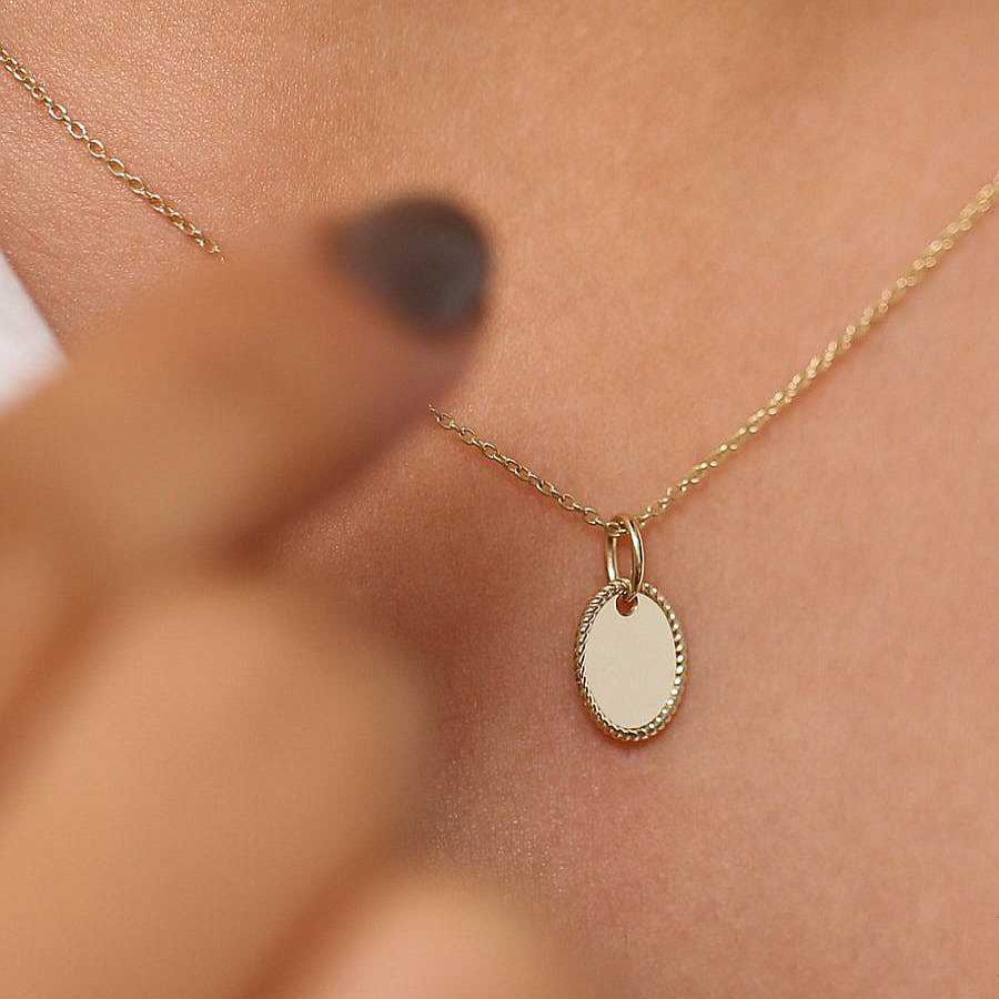 Necklaces Ferkos Fine Jewelry | 14K Mini Oval Initial Tag With Twist Rope