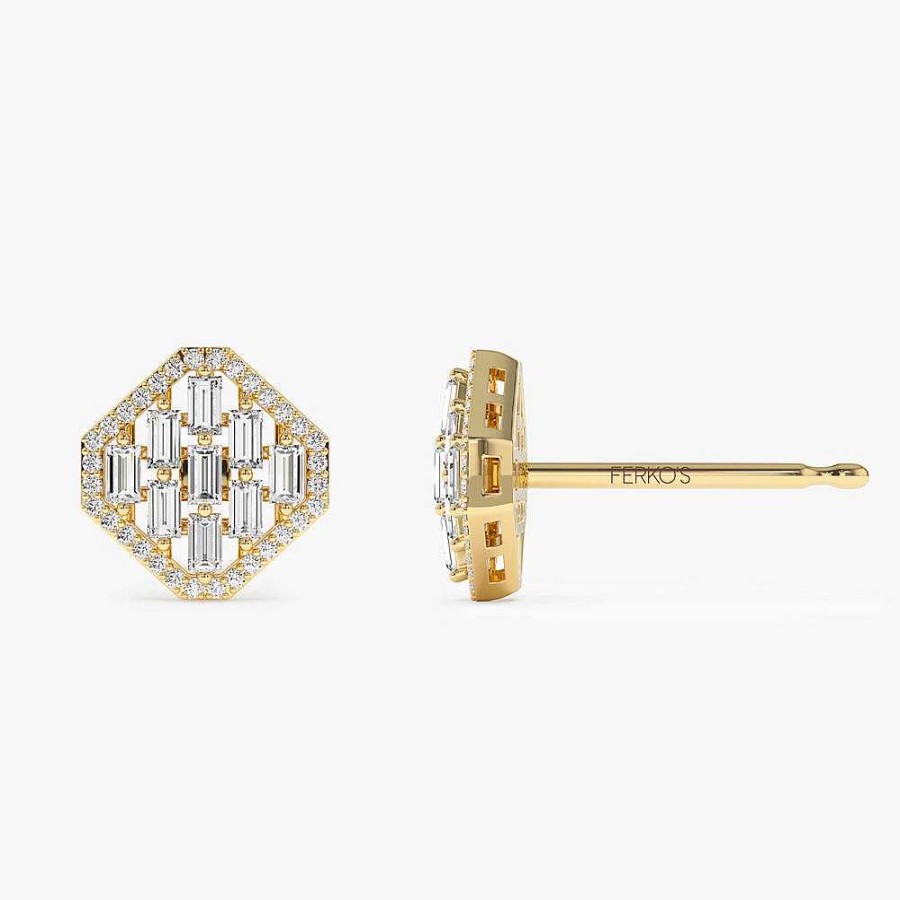 Earrings Ferkos Fine Jewelry | 14K Baguette Diamond Earrings In Halo Setting