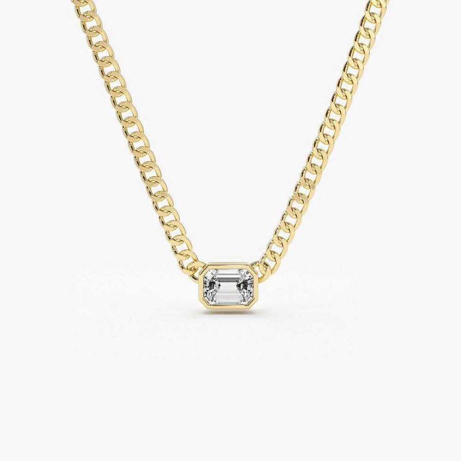 Necklaces Ferkos Fine Jewelry | 14K Gold Cuban Link Bezel Setting Emerald Cut Diamond Necklace