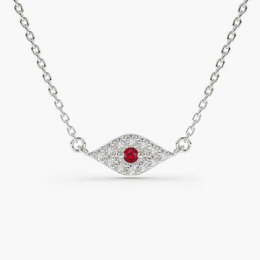 Necklaces Ferkos Fine Jewelry | Diamond And Ruby Evil Eye Necklace