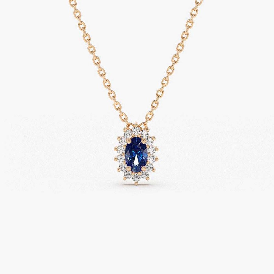 Necklaces Ferkos Fine Jewelry | 14K Sapphire Necklace With Halo Diamonds Necklace