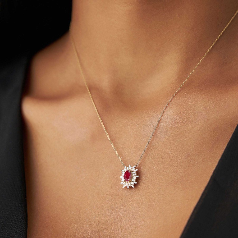 Necklaces Ferkos Fine Jewelry | 14K Oval Shape Ruby Necklace With Ballerina Baguettes