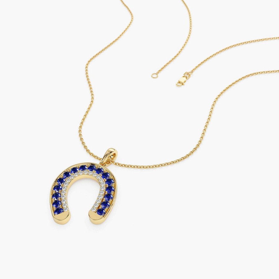 Necklaces Ferkos Fine Jewelry | 14K Sapphire And Diamond Horseshoe Pendant