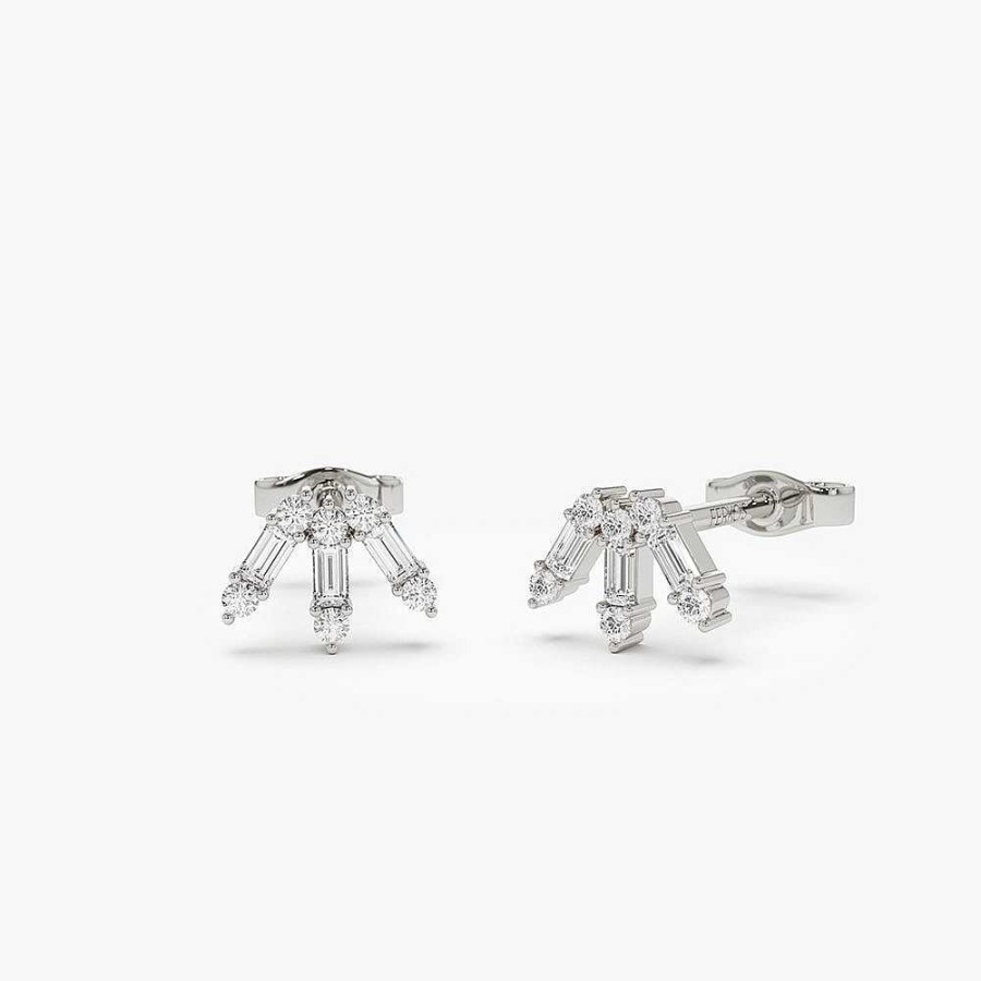 Earrings Ferkos Fine Jewelry | 14K Baguette And Round Diamond Spike Studs