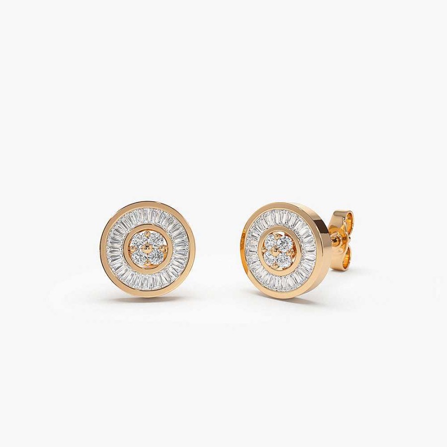 Earrings Ferkos Fine Jewelry | 14K Baguette Diamond Channel Setting Disc Diamond Studs