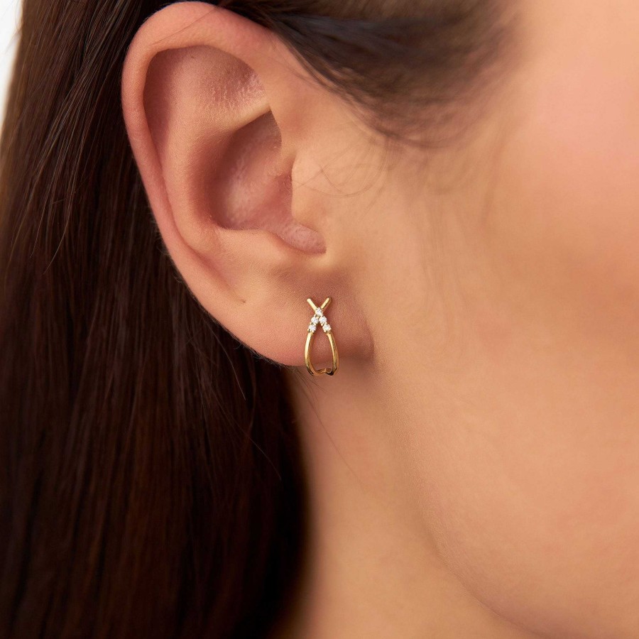 Earrings Ferkos Fine Jewelry | 14K Criss Cross Half Hoop Diamond Stud