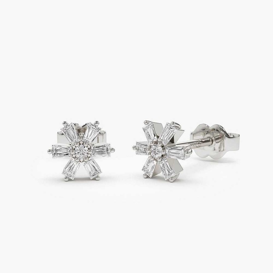 Earrings Ferkos Fine Jewelry | 14K Mini Flower Baguette Diamond Earrings