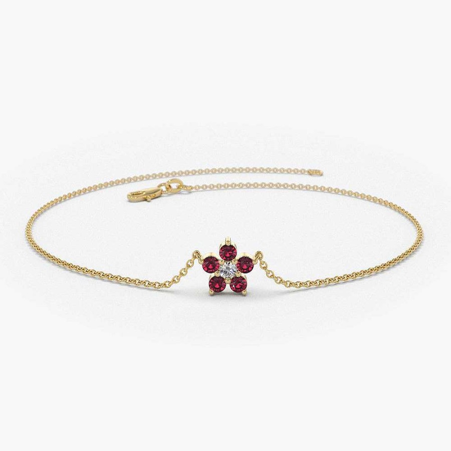 Bracelets Ferkos Fine Jewelry | 14K Ruby And Diamond Flower Charm Bracelet