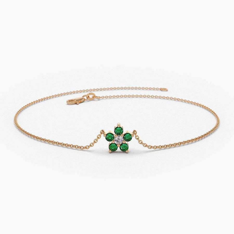 Bracelets Ferkos Fine Jewelry | 14K Emerald And Diamond Flower Charm Bracelet