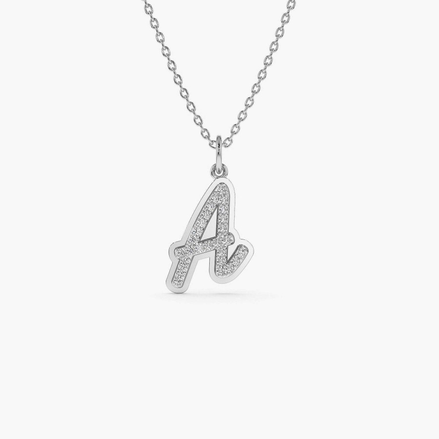 Necklaces Ferkos Fine Jewelry | Script Font Diamond Initial Layered 3D Necklace