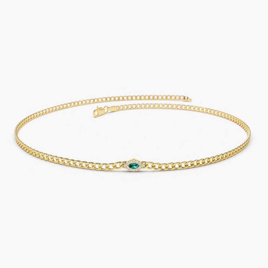 Bracelets Ferkos Fine Jewelry | 14K 2Mm Curb Link Marquise Emerald Bracelet