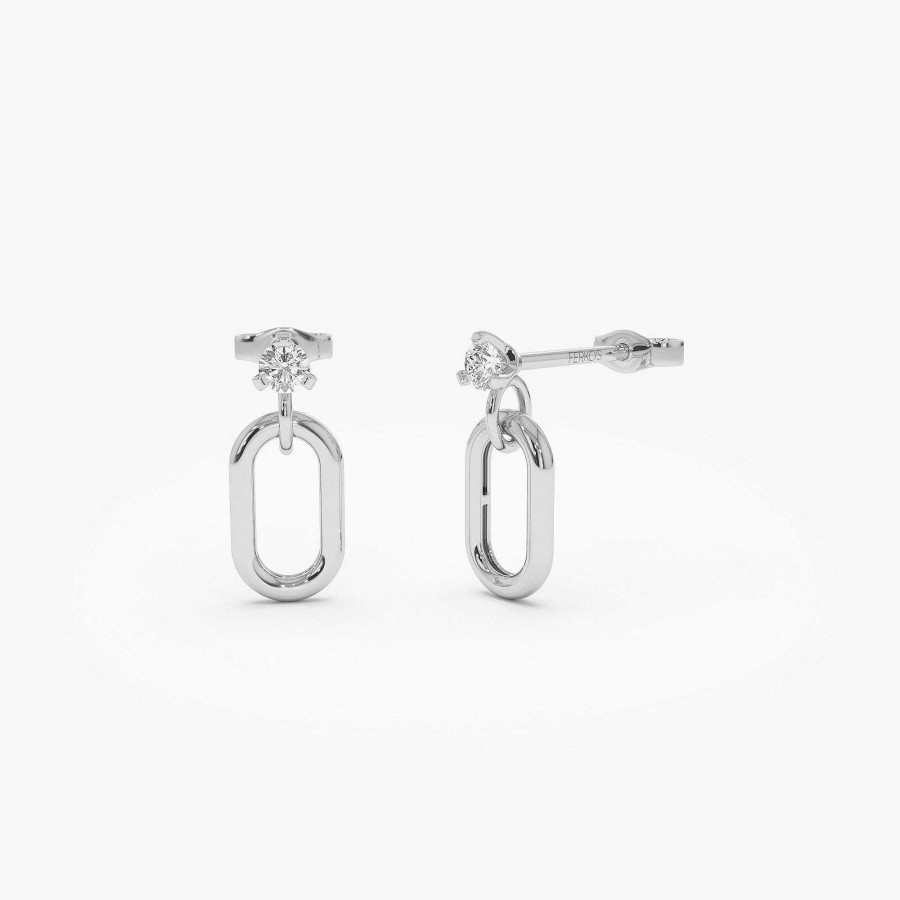 Earrings Ferkos Fine Jewelry | 14K Dainty Dangline Oval Link Diamond Earrings