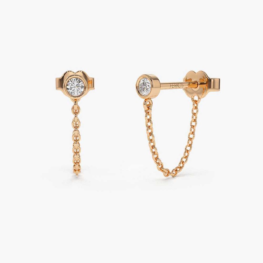 Earrings Ferkos Fine Jewelry | 14K Bezel Setting Diamond Studs Chain Earrings